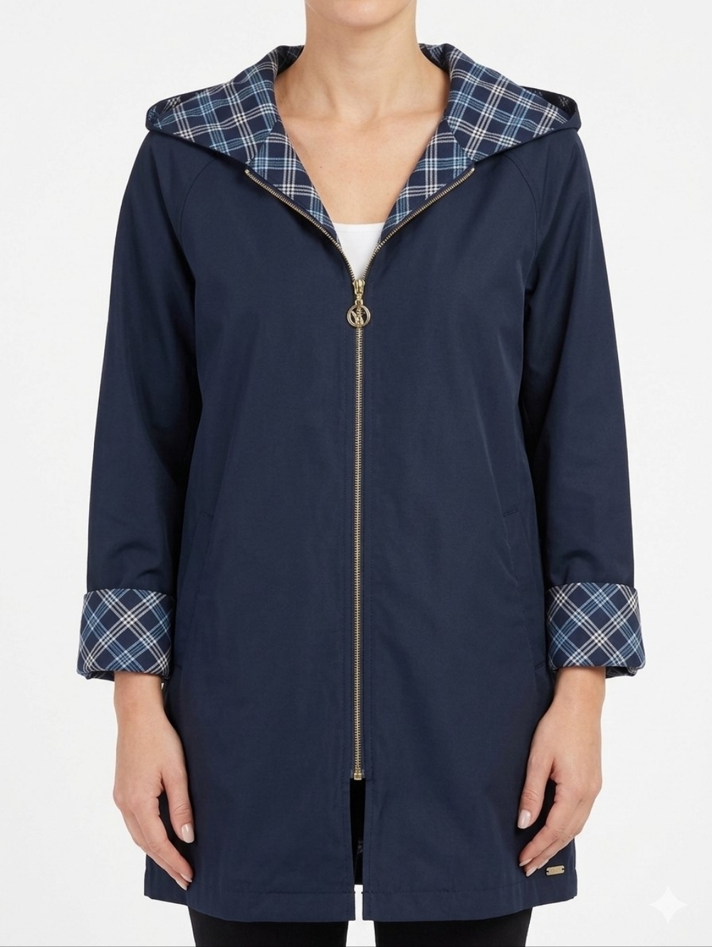 St John Sport Navy Zip Jacket Plaid Trim Hooded‎ Lightweight Size S